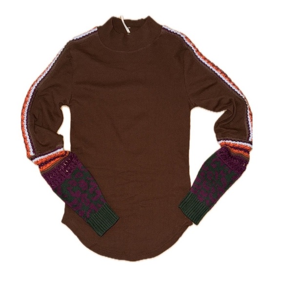 Free People Switch It Up Cuff Knit Boho Thermal Top Cocoa Brown Size Small - Picture 4 of 10